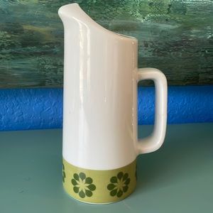 Mid Century Vintage Tall Jug Ceramic White with Green embellishment
